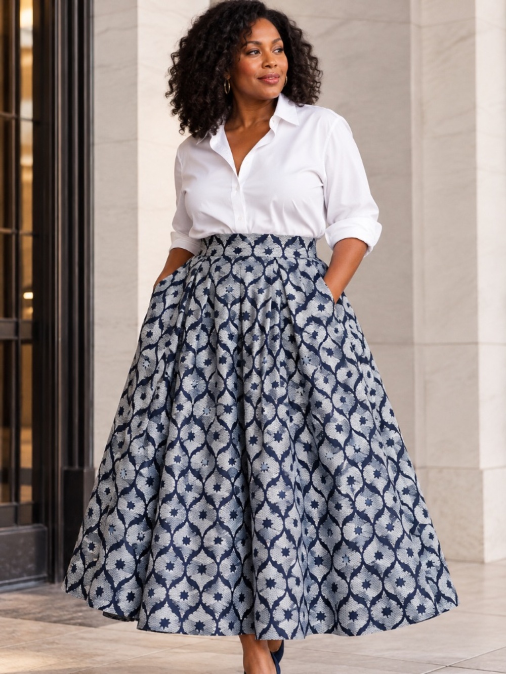 Francis + Benedict African Cotton Box Pleat Maxi Skirt Navy 40" Waist Size 20